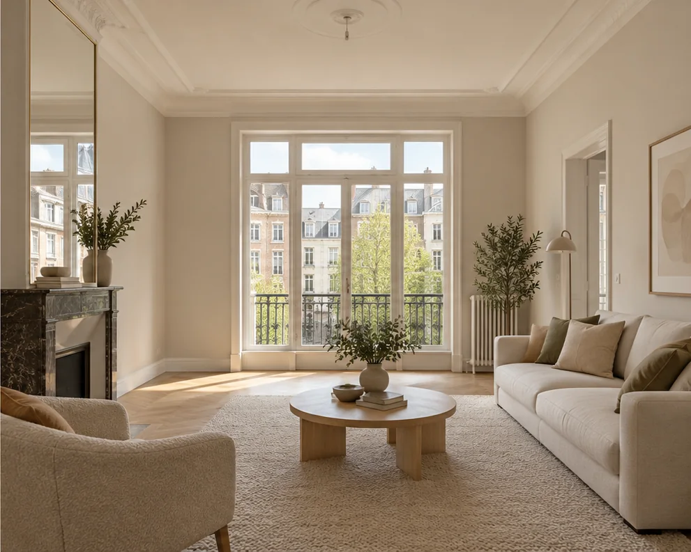 Séjour lumineux aménagé pour présenter une maison à vendre